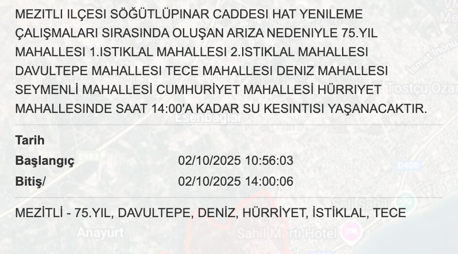 Mersin Mezitli su kesintisi: Mersin'de sular ne zaman gelecek? 2 Ekim MESKİ Su Kesintisi Sorgulama ekranı - 5. Resim
