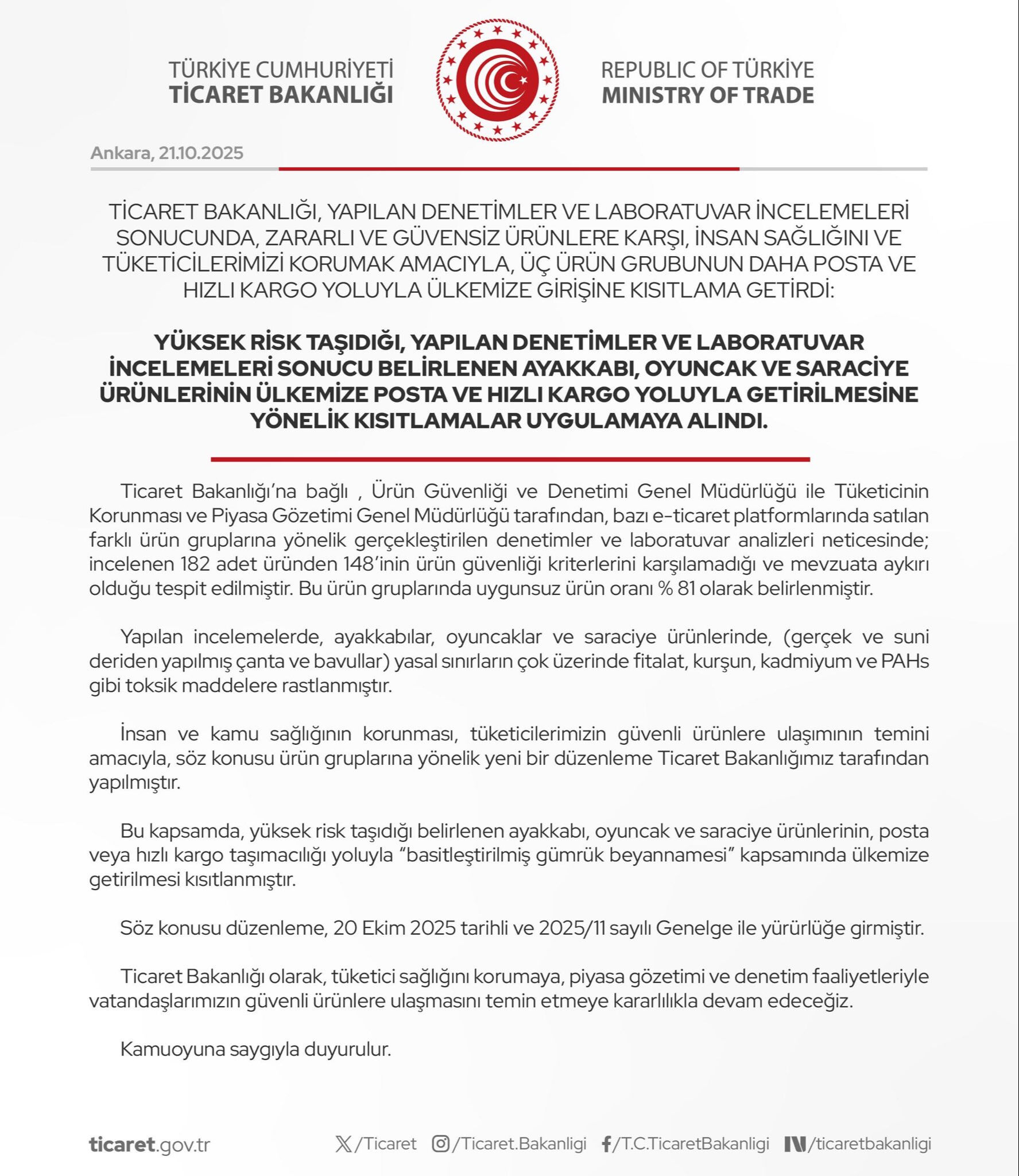 Zararlı kimyasallar ortaya çıktı... Ticaret Bakanlığı, bazı ayakkabı, oyuncak ve çantaların kargoyla Türkiye'ye girişini yasakladı Zararlı kimyasallar ortaya çıktı... Ticaret Bakanlığı, üç ürün grubunun posta ve kargoyla Türkiye'ye girişini yasakladı - 1. Resim