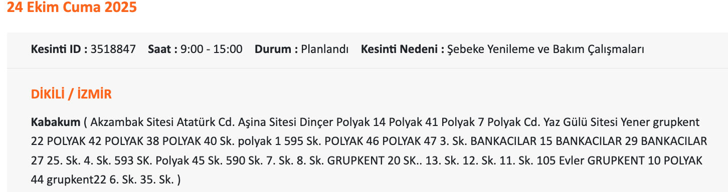 İzmir'in o il&ccedil;eleri karanlıkta kalacak... GDZ Elektrik listeyi paylaştı: İzmir'de elektrikler ne zaman gelecek? - 6. Resim