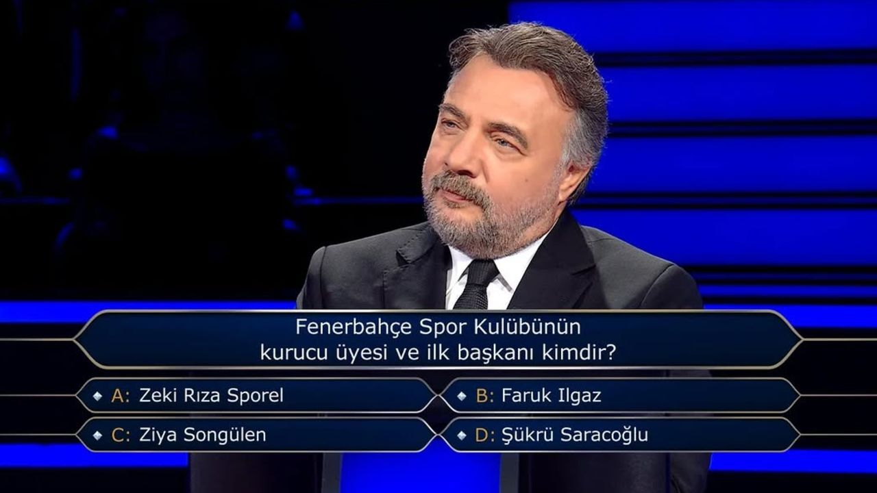 Kim Milyoner Olmak İster'de 1 milyon TL'lik soru açıldı: Fenerbahçe Spor Kulübünün kurucu üyesi ve ilk başkanı kimdir? Kim Milyoner Olmak İster'de 1 milyon TL'lik soru açıldı: Fenerbahçe Spor Kulübünün kurucu üyesi ve ilk başkanı kimdir?