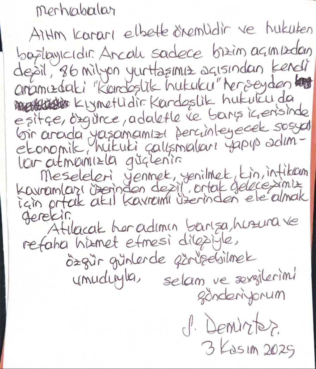 Selahattin Demirtaş'ın paylaştığı mesaj