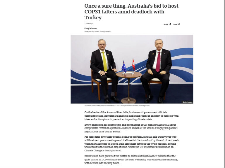 İngiltere merkezli BBC, Türkiye’nin kararlı diplomasi hamlesiyle COP31 ev sahipliği yarışında Avustralya’yı geride bıraktığını yazdı.