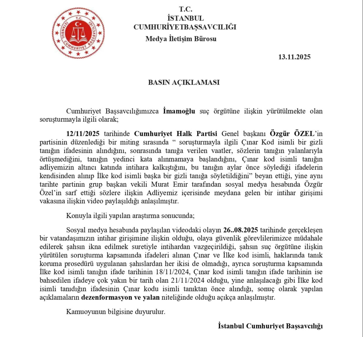 Başsavcılıktan Özgür Özel'e gizli tanık cevabı: Dezenformasyon ve yalan! Başsavcılıktan Özgür Özel'e gizli tanık cevabı: Dezenformasyon ve yalan! - 1. Resim
