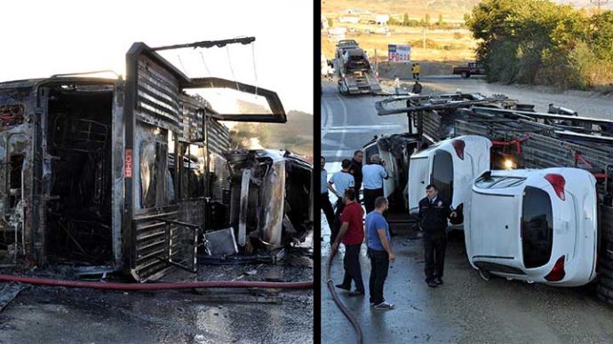 Otomobil yüklü TIR şarampole devrildi, zarar büyük Otomobil yüklü TIR şarampole devrildi, zarar büyük