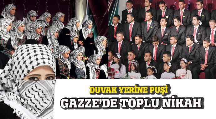Gazze'de toplu nikah, duvak yerine puşi
