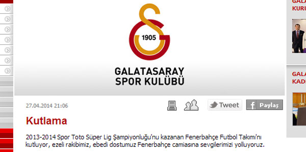 Galatasaray&#039;dan Fenerbahçe&#039;ye kutlama!