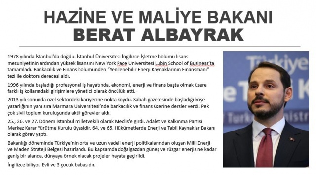 Berat Albayrak, 1978'de İstanbul'da doğdu. Albayrak, İstanbul Üniversitesi İngilizce İşletme Bölümü lisans mezuniyetinin ardından, yüksek lisansını New York Pace Üniversitesi Lubin School of Business’ta tamamladı, Bankacılık ve Finans bölümünden “Yenilenebilir Enerji Kaynaklarının Finansmanı” tezi ile doktora derecesi aldı. 1996 yılında profesyonel çalışma hayatına atılan Albayrak, ekonomi, enerji ve finans başta olmak üzere farklı iş kollarındaki birçok farklı girişimlere yönetici olarak öncülük etti.
Albayrak, 2013 sonunda özel sektörden ayrılarak Sabah gazetesinde yazar olarak görev aldı, Marmara Üniversitesinde de bankacılık ve finans üzerine dersler verdi, pek çok sivil toplum kuruluşunda aktif görevler aldı.
25, 26. ve 27. Dönem İstanbul Milletvekili olarak Meclis’e giren Albayrak, 64. ve 65. hükümetlerde Enerji ve Tabii Kaynaklar Bakanı olarak görev yaptı.
Albayrak’ın bakanlığı döneminde, Türkiye’nin orta ve uzun vadeli enerji politikalarından oluşan Milli Enerji ve Maden Strateji Belgesi hazırlandı. Bu kapsamda doğalgaz arz güvenliği için Türkiye’nin ilk FSRU (Sıvılaştırılmış Doğalgaz Depolama ve Gazlaştırma Ünitesi) Projesi, yerli fabrika ve Ag-Ge şartlı biner megavatlık dünyanın en büyük güneş ve rüzgar enerjisi santralleri ihalesi, Türkiye’nin ilk yerli ve milli sondaj gemisinin hizmete alınması, 1 milyon metrekare sondajı hamlesi, Ulusal Bor Stratejisi gibi enerji ve maden alanında dünyaya örnek olacak birçok proje hayata geçirildi.
İngilizce bilen Albayrak, evli ve 3 çocuk babası.
