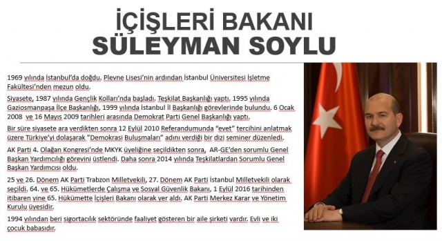 Türkiye Cumhurbaşkanı Recep Tayyip Erdoğan'ın açıkladığı Cumhurbaşkanlığı Kabinesinin ilk İçişleri Bakanı unvanına sahip olan Soylu, 21 Kasım 1969 İstanbul'da doğdu.
Plevne Lisesi'nde başlayan ve ardından Karadeniz Teknik Üniversitesi'nde sürdürdüğü eğitimini İstanbul Üniversitesi İşletme Fakültesi'nde tamamlayan Soylu, siyasi hayatına 1987 yılında DYP İstanbul İl Gençlik Kolları'nda adım attı.
1995 yılında Gaziosmanpaşa İlçe Başkanlığı'na seçilen Süleyman Soylu, 1999 Yerel seçimlerinde Gaziosmanpaşa Belediye Başkan adayı oldu.
1999-2002 yılları arası İstanbul İl Başkanlığı görevinde bulunan Soylu, 6 Ocak 2008 tarihinde Demokrat Partinin Genel Başkanlığına seçildi. Soylu'nun 16 Mayıs 2009'da kendi talebiyle gerçekleşen kongrede Genel Başkanlık görevi sona erdi.
Süleyman Soylu, 12 Eylül 2010 Referandumu sürecinde