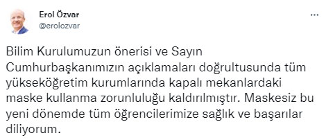Üniversitelerde maske zorunluluğu kaldırıldı Üniversitelerde maske zorunluluğu kaldırıldı