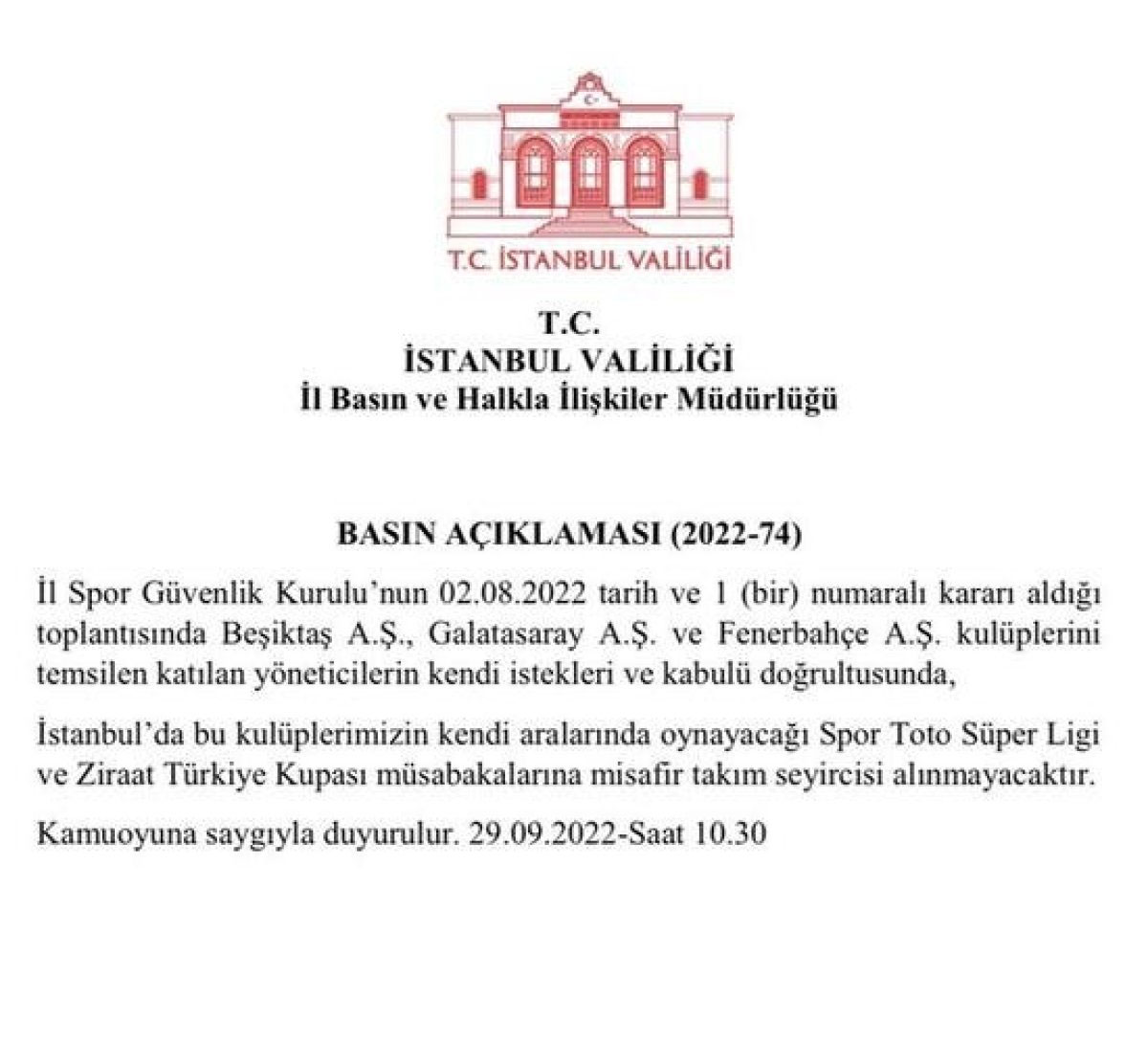 Son dakika: İstanbul Valiliği'nden derbiler için deplasman seyircisi kararı Son dakika: İstanbul Valiliği'nden derbiler için deplasman seyircisi kararı