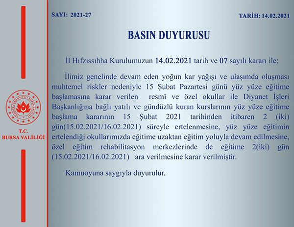 Bursa'da okullar açılmadan tatil edildi