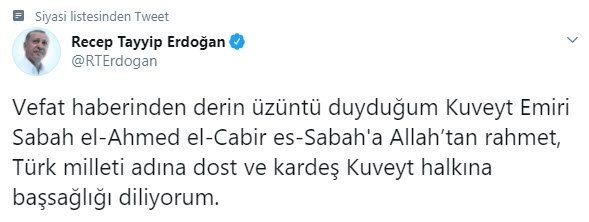 Cumhurbaşkanı Erdoğan, Kuveyt halkına başsağlığı mesajı