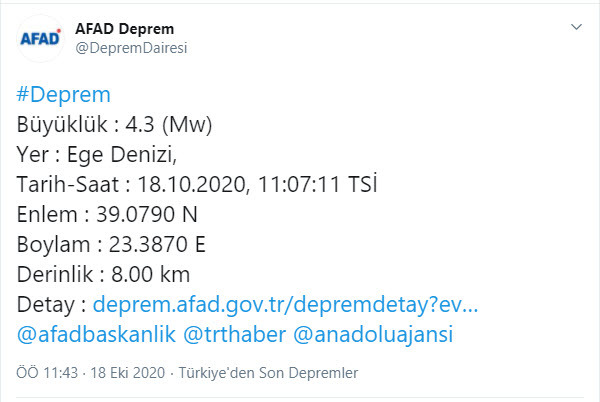 Ege Denizi'nde 4,3 büyüklüğünde deprem oldu