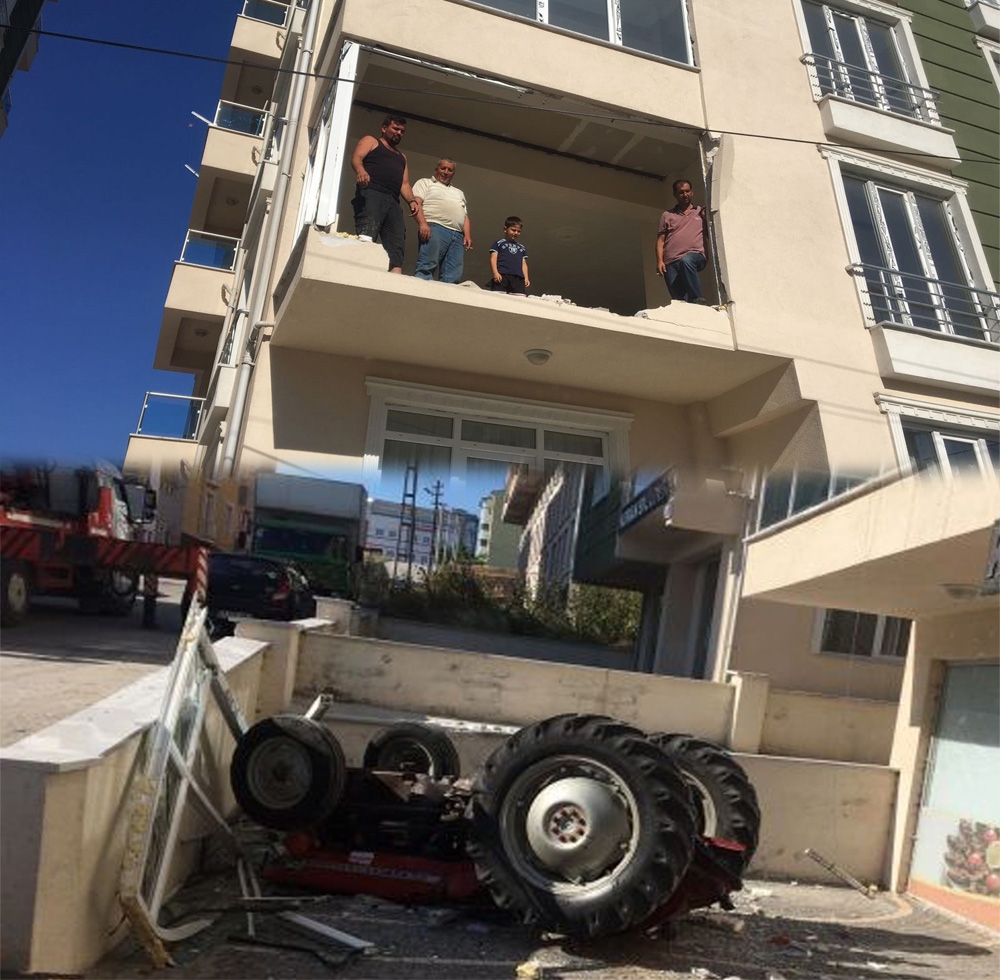 Traktör 3. kattan aşağıya düştü