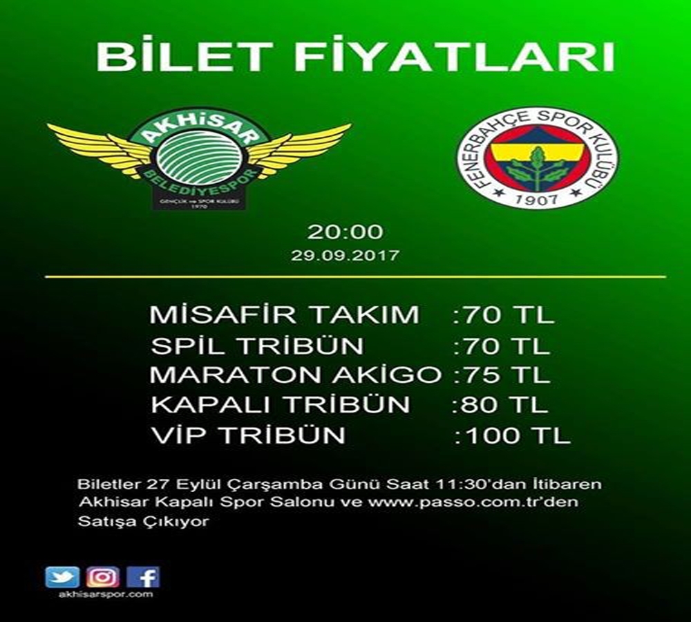 Akhisarspor, F.Bahçe maçı bilet fiyatları belli oldu