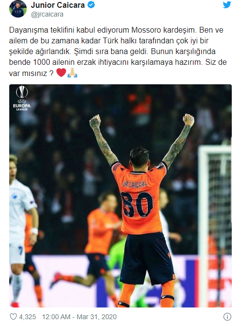 Başakşehir'in Brezilyalı futbolcusu Caiçara'dan 1000 aileye gıda yardımı