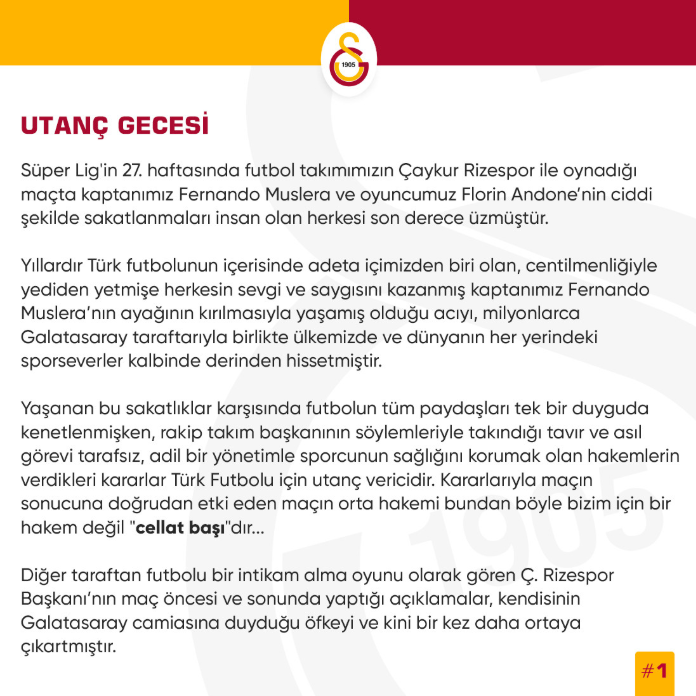 Galatasaray Kulübü'nden Rizespor maçının hakemine sert tepki!
