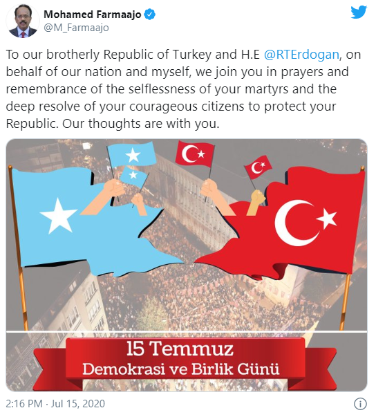 Somali Cumhurbaşkanı Fermacu'dan 15 Temmuz Demokrasi ve Milli Birlik Günü mesajı