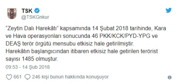 TSK: Bin 485 terörist etkisiz hâle getirildi