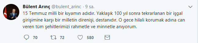 Bülent Arınç'tan 15 Temmuz paylaşımı
