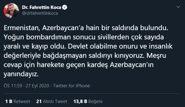 Bakan Koca’dan Azerbaycan’a destek mesajı