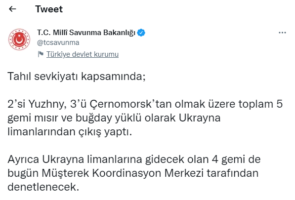 Ukrayna'dan tahıl yüklü 5 gemi daha çıkış yaptı