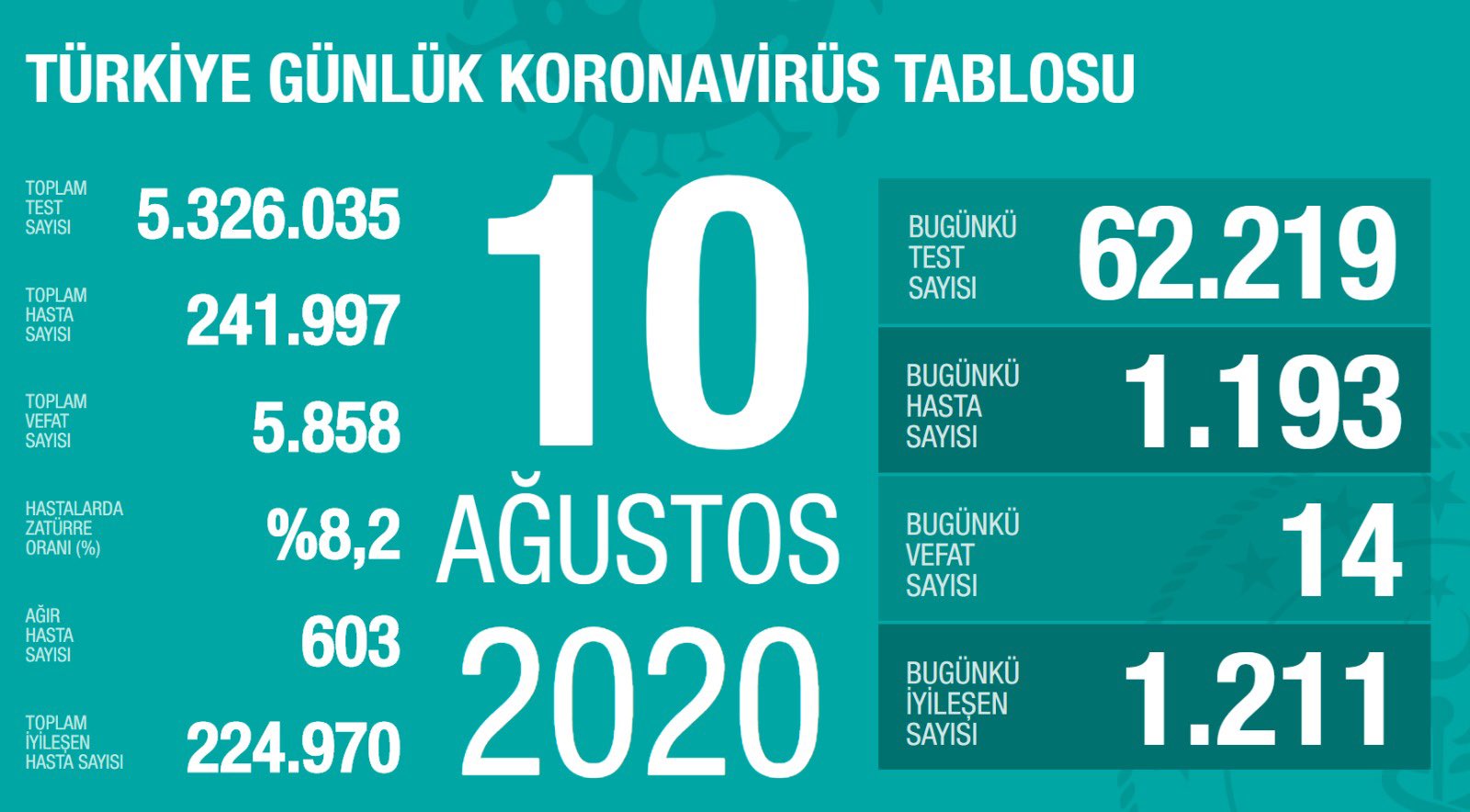 Türkiye'de 10 Ağustos günü koronavirüs kaynaklı 14 can kaybı, 1193 yeni vaka tespit edildi