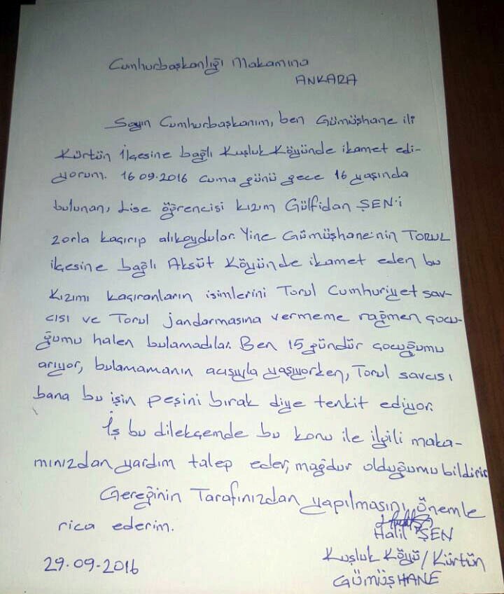 Kızı kaçırılan baba, Cumhurbaşkanı'na mektup yazdı