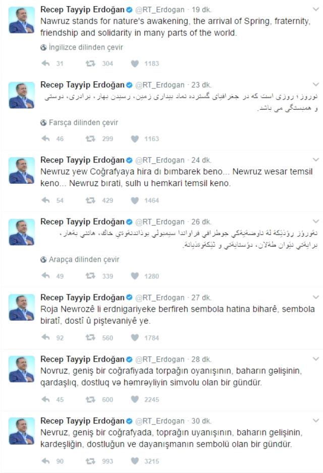 Cumhurbaşkanı Erdoğan'dan 7 dilde Nevruz mesajı