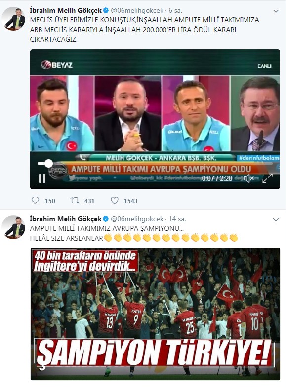Melih Gökçek'ten Ampute Millî Takımına  büyük ödül