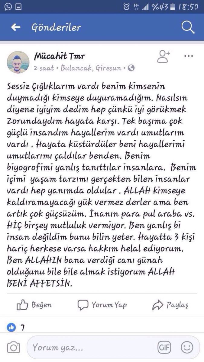 Sosyal medyadan bunu yazmıştı, canına kıydı!