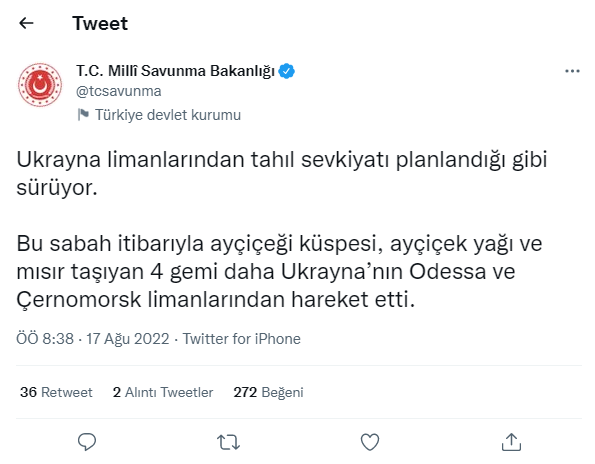 MSB duyurdu: 4 gemi daha Ukrayna'dan hareket etti