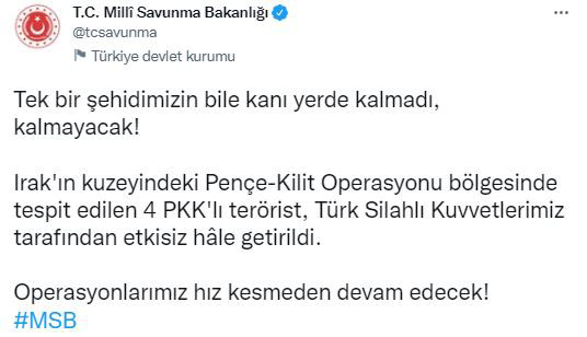MSB duyurdu: Pençe-Kilit bölgesinde 4 terörist etkisiz hale getirildi
