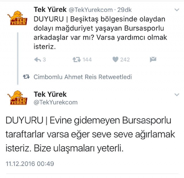 Beşiktaşlı ve Galatasaraylı taraftarlar Bursasporlu taraftarlara evlerini açtı