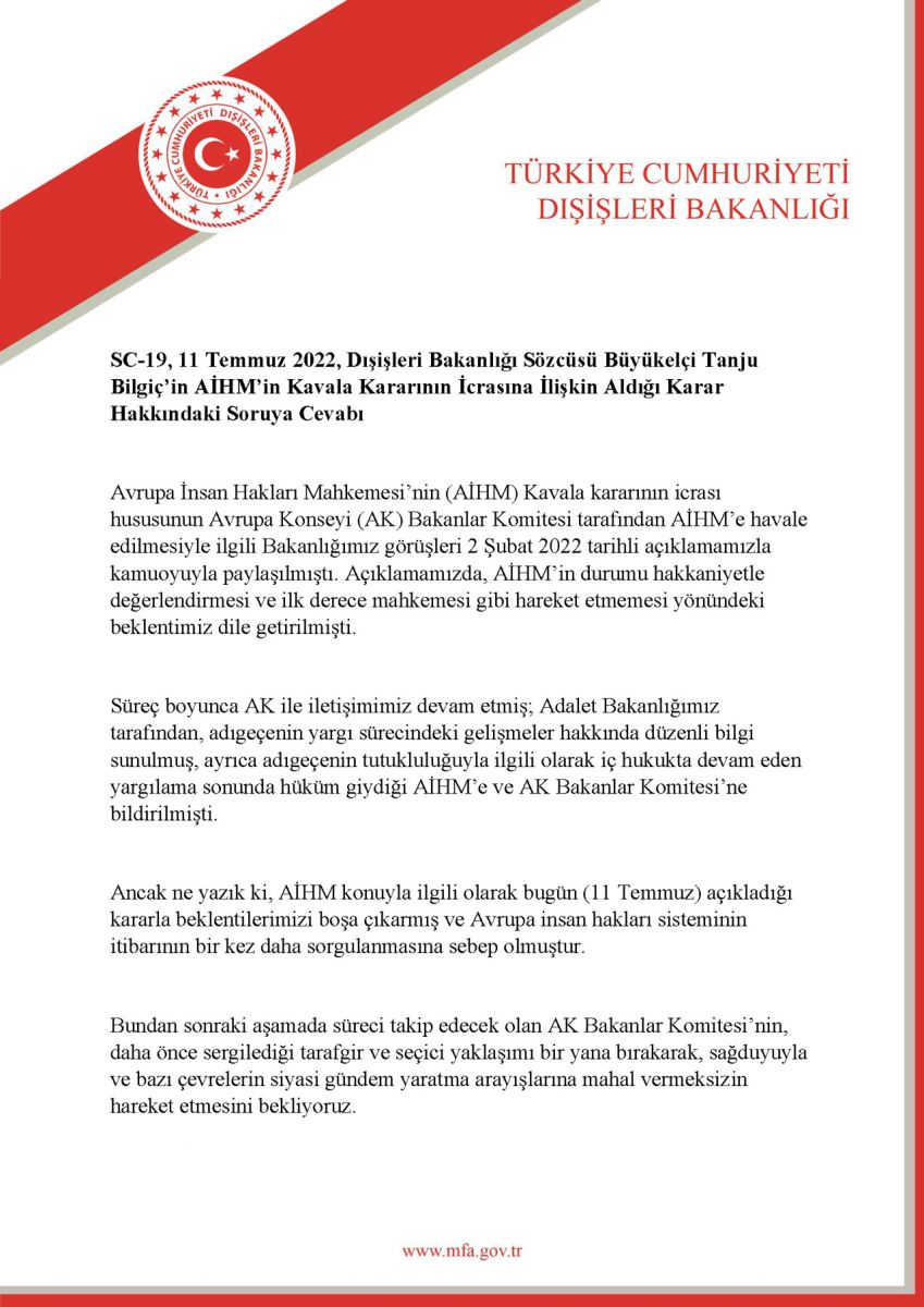 Dışişleri Bakanlığı'ndan AİHM'in Osman Kavala kararına tepki Dışişleri Bakanlığı'ndan AİHM'in Osman Kavala kararına tepki