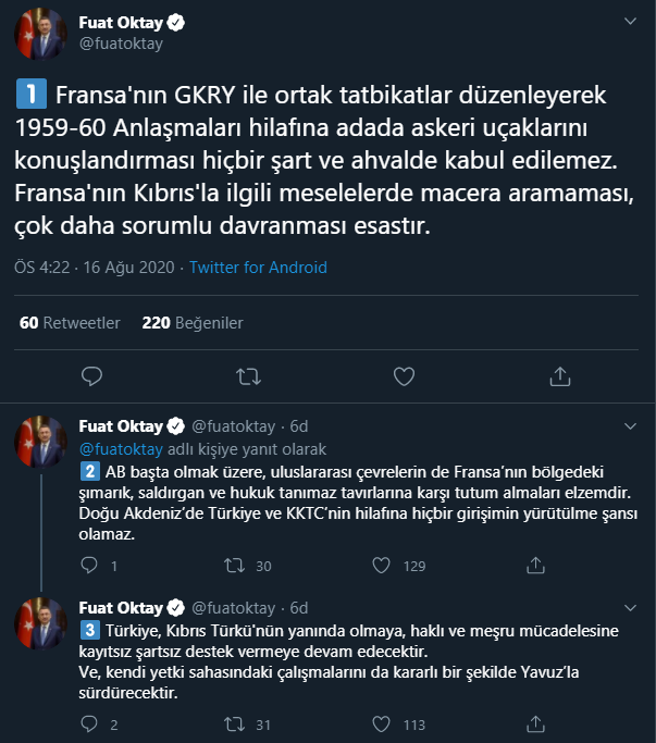 Fuat Oktay: Fransa, Kıbrıs ile ilgili meselelerde macera aramasın