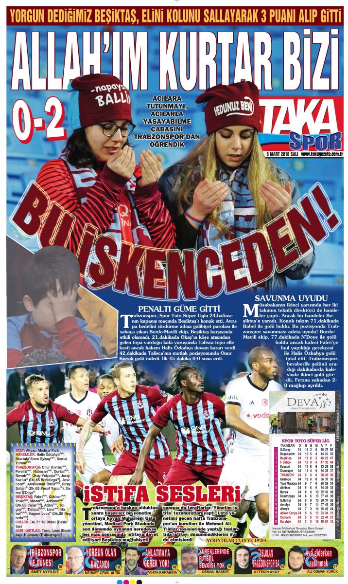 Trabzonspor'un Beşiktaş mağlubiyeti manşetlere böyle yansıdı