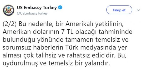 Son dakika! ABD'den 'dolar 7 lira olacak' iddiasına açıklama