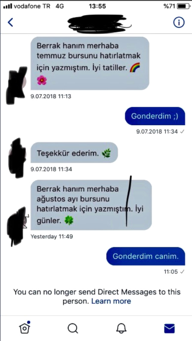 Berrak Tüzünataç bir yıldır burs verdiği öğrenci tarafından engellendi