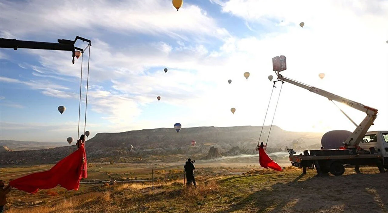Kapadokya'da fotoğraf tutkunlarının yeni gözdesi 'vinç'
