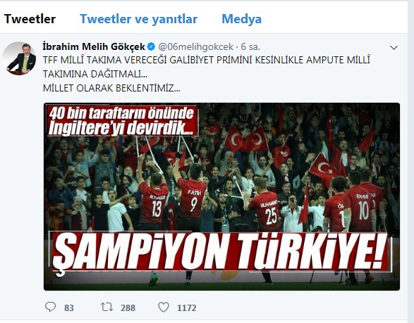 Melih Gökçek'ten Ampute Millî Takımına  büyük ödül
