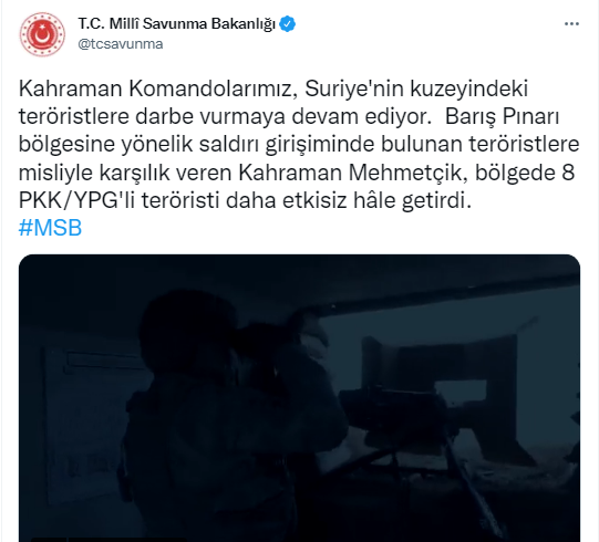 Barış Pınarı bölgesinde 8 terörist etkisiz hale getirildi