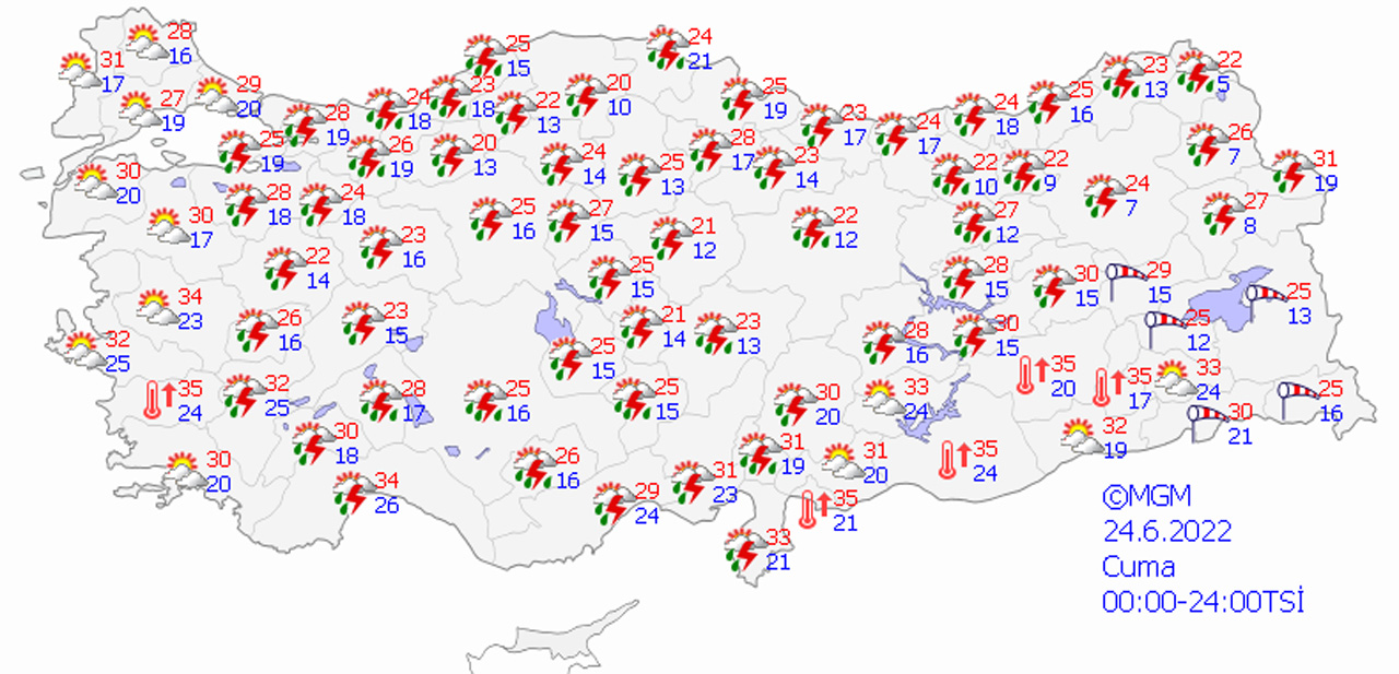 Meteoroloji'den 26 il için sarı ve turuncu kodlu uyarı (24 Haziran 2022 hava durumu) Meteoroloji'den 26 il için sarı ve turuncu kodlu uyarı (24 Haziran 2022 hava durumu)