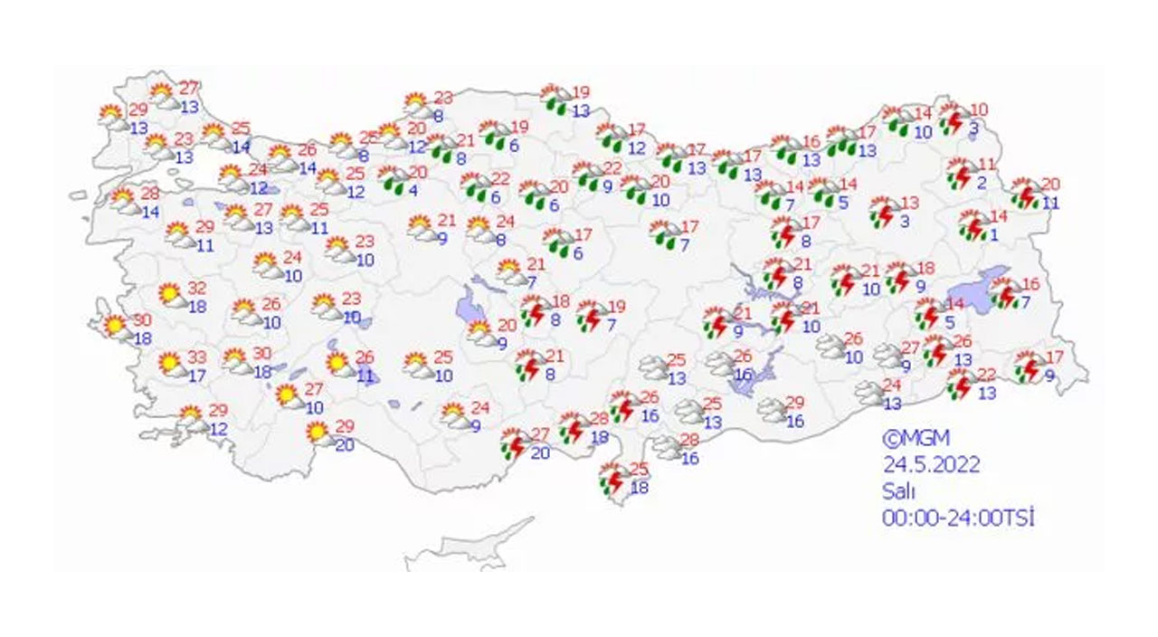 Meteoroloji’den sağanak uyarısı (24 Mayıs Salı hava durumu) Meteoroloji’den sağanak uyarısı (24 Mayıs Salı hava durumu)