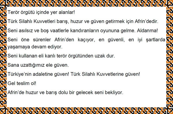 TSK, Afrin'e havadan Arapça ve Kürtçe bildiri attı