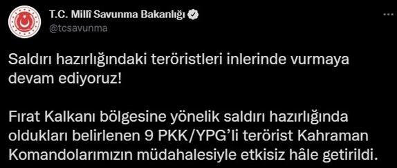 MSB açıkladı: 9 PKK'lı terörist etkisiz hale getirildi MSB açıkladı: 9 PKK'lı terörist etkisiz hale getirildi