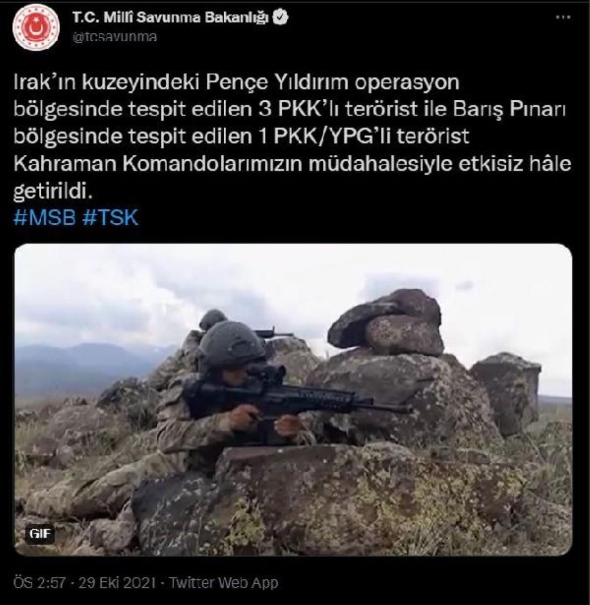 MSB açıkladı: 4 PKK'lı terörist etkisiz hale getirildi