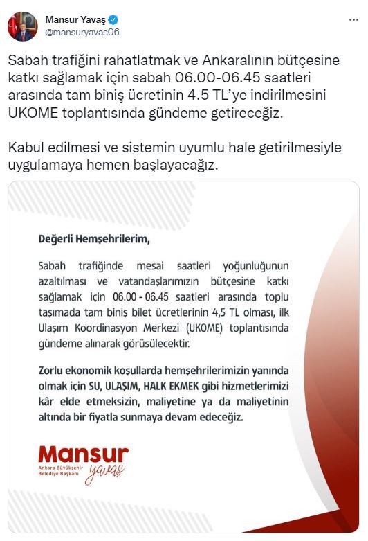 Ankara’da toplu ulaşımda sabah tarifesi: 2 TL indirimli olacak