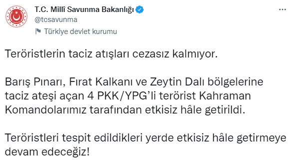 MSB: 3 bölgede 4 PKK'lı terörist öldürüldü