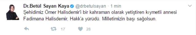Siyasiler Fadimana Halisdemir için başsağlığı mesajı yayınladı